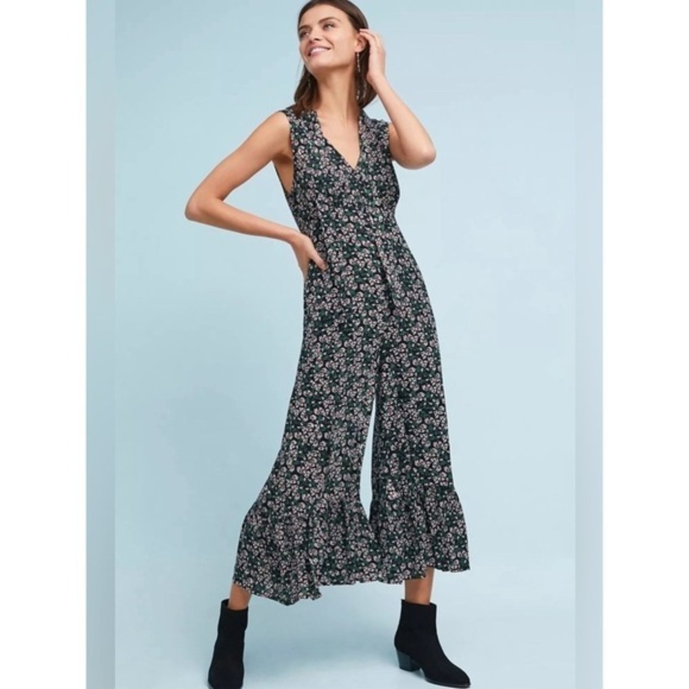Maeve Anthropologie Floral Daisy Jumpsuit 6 Black Red Wide Leg Cropped Ruffle
